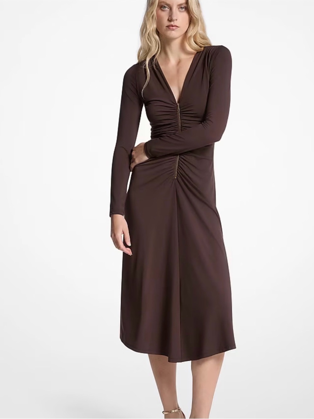 Michael Kors Long Sleeve Ruched Midi Dress, chocolate brown